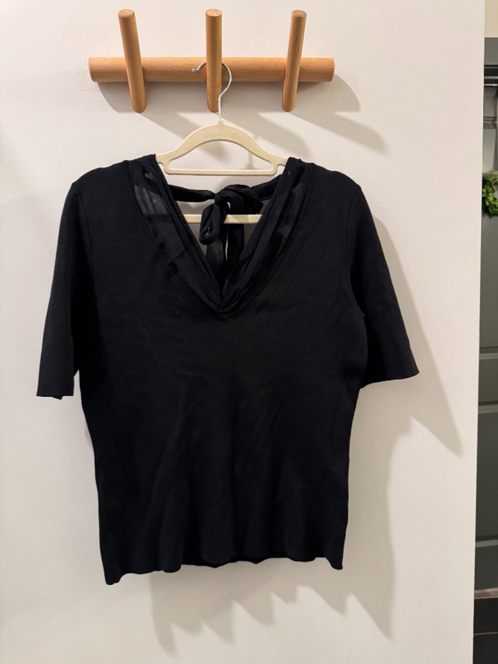 Black Tie-Neck Short Sleeve Top, Size S